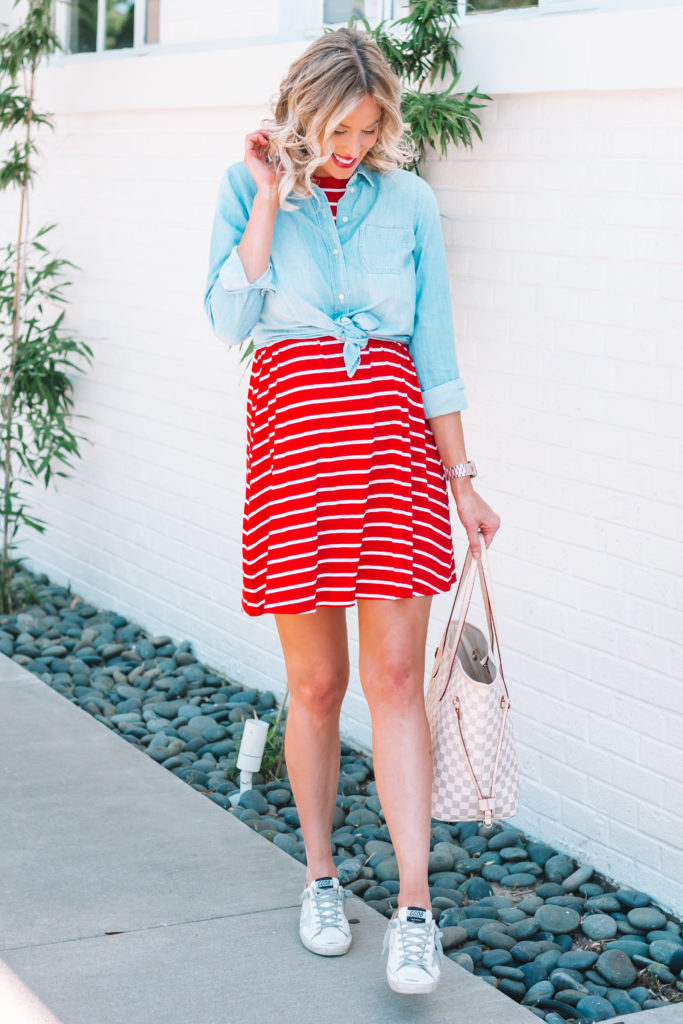 Look no further for an easy 4th of July outfit idea! All you need is this super affordable red and white dress with your favorite chambray shirt. 