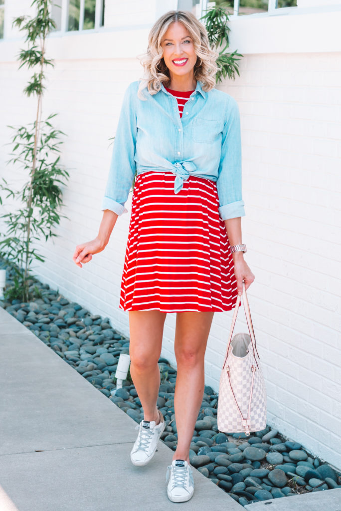If you are looking for an easy 4th of July outfit idea, I have you covered with this adorable, affordable, and comfy red and white striped swing dress.