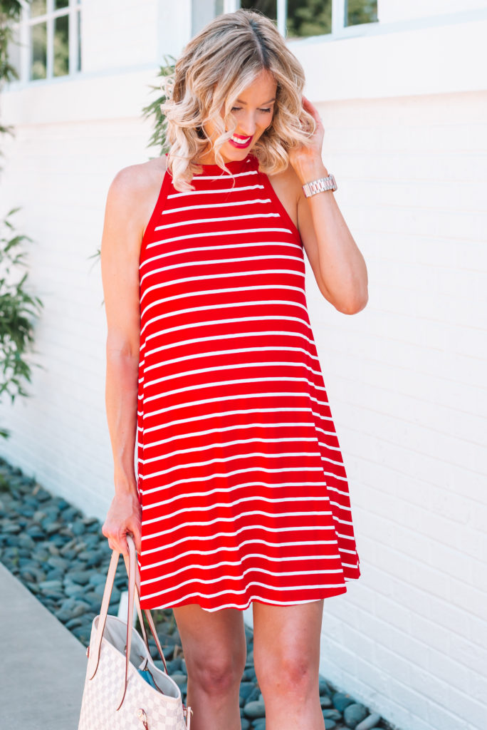 I love the neckline on this adorable and affordable red and white dress!