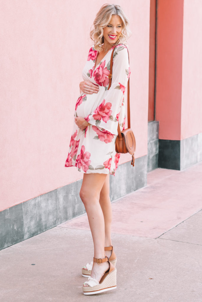 I have loved dresses during my pregnancy for comfort. This floral chiffon dress has the prettiest colors!