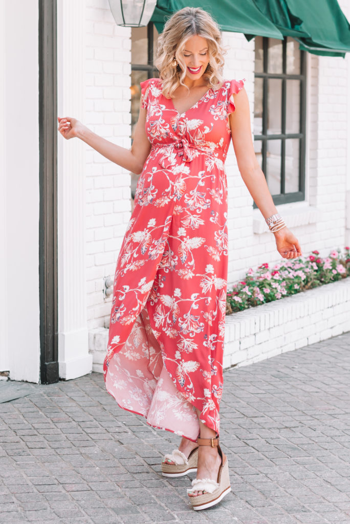 I love this floral maternity wrap dress! It is super flattering with such a fun print. 