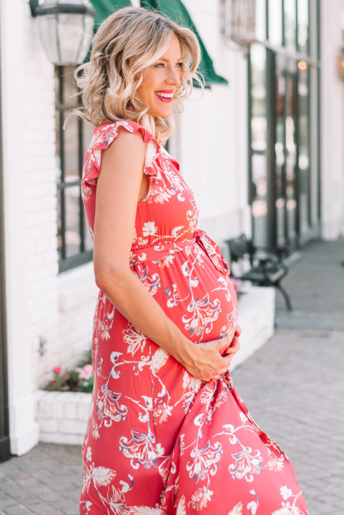 In my third trimester during the summer, I have been all about dresses! I love this floral maternity wrap dress. 