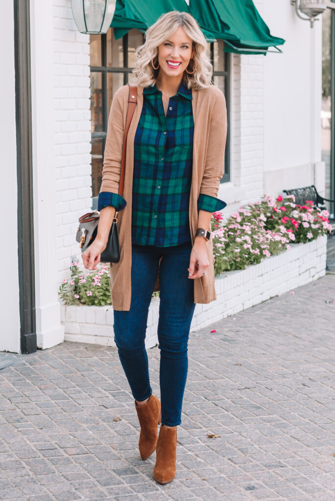 A flannel shirt is a great thing to wear under a cardigan. This blue and green flannel paired with a camel cardigan is a classic!