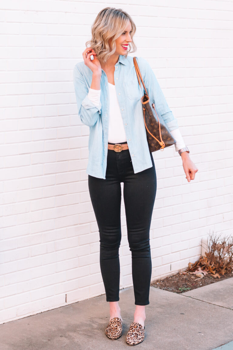Chambray Shirt and Black Jeans - Straight A Style
