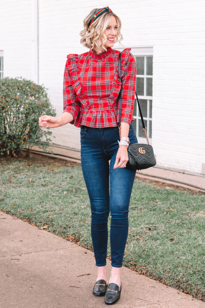 This red plaid peplum shirt is flattering and affordable!