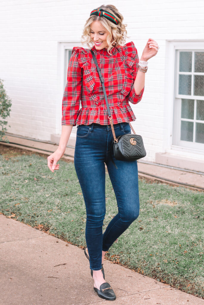 I love this gorgeous red plaid peplum shirt, and I have styled it multiple ways all year long. 