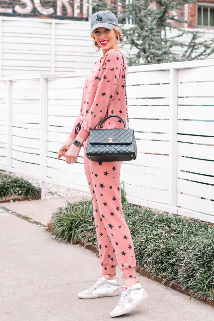 To say that I am obsessed with this matching star print jogger set would be an understatement. It is crazy soft and so perfect for being at home and transitioning to leaving the house seamlessly. 
