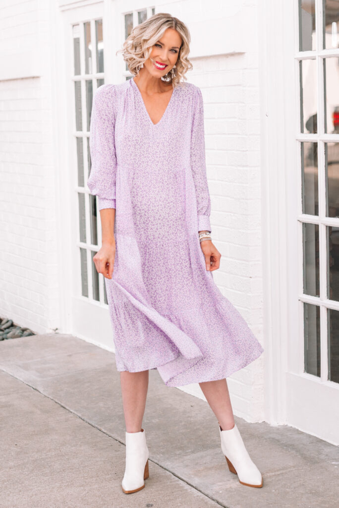 I love this lilac midi dress paired with white boots for the spring. Spring dresses are the perfect way to be comfy and cute all season! 