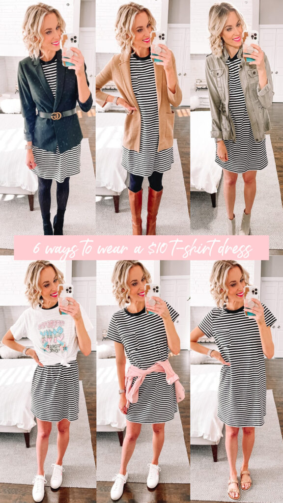 I love finding a great, affordable basic piece that can become a closet staple and sharing multiple ways to style it! Today I am sharing this $10 striped t-shirt dress 6 ways in all seasons!