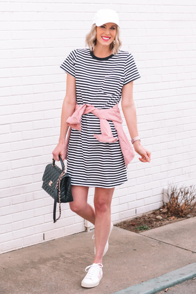 I love finding a great, affordable basic piece that can become a closet staple and sharing multiple ways to style it! Today I am sharing this $10 striped t-shirt dress 6 ways in all seasons!