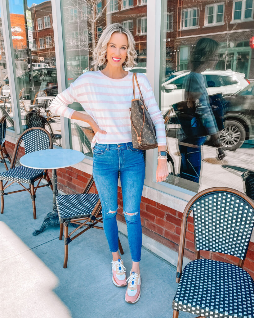 I have been living for a good casual spring outfit lately! I am loving this striped t-shirt paired with jeans and fun sneakers for an easy, everyday look.