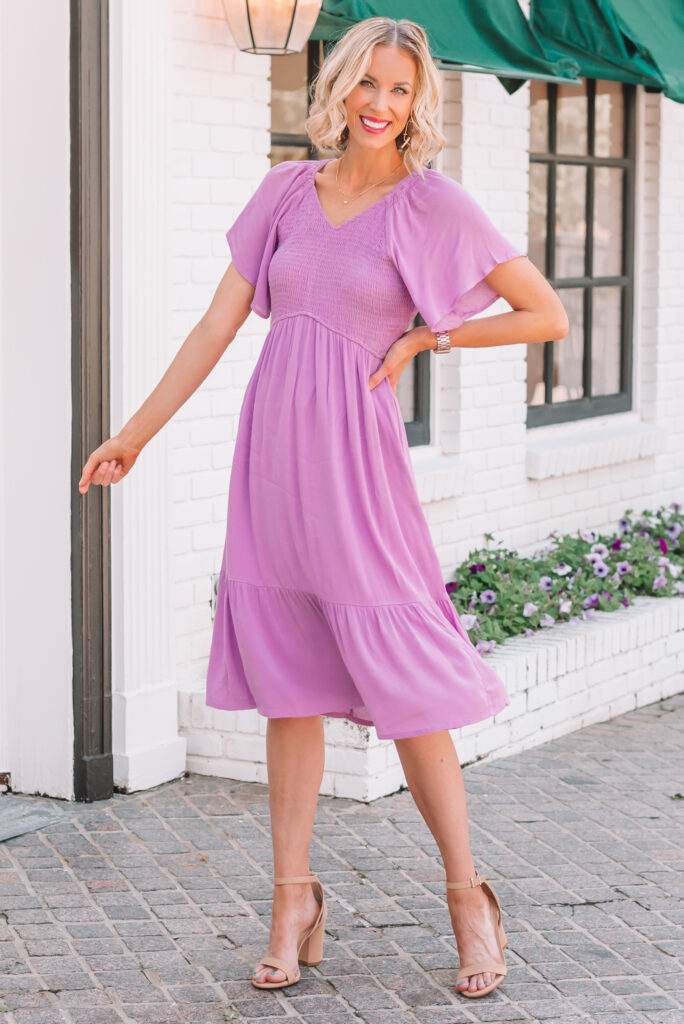 Rounding up the best Amazon fashion pieces and this smocked purple midi dress is definitely on the list! 