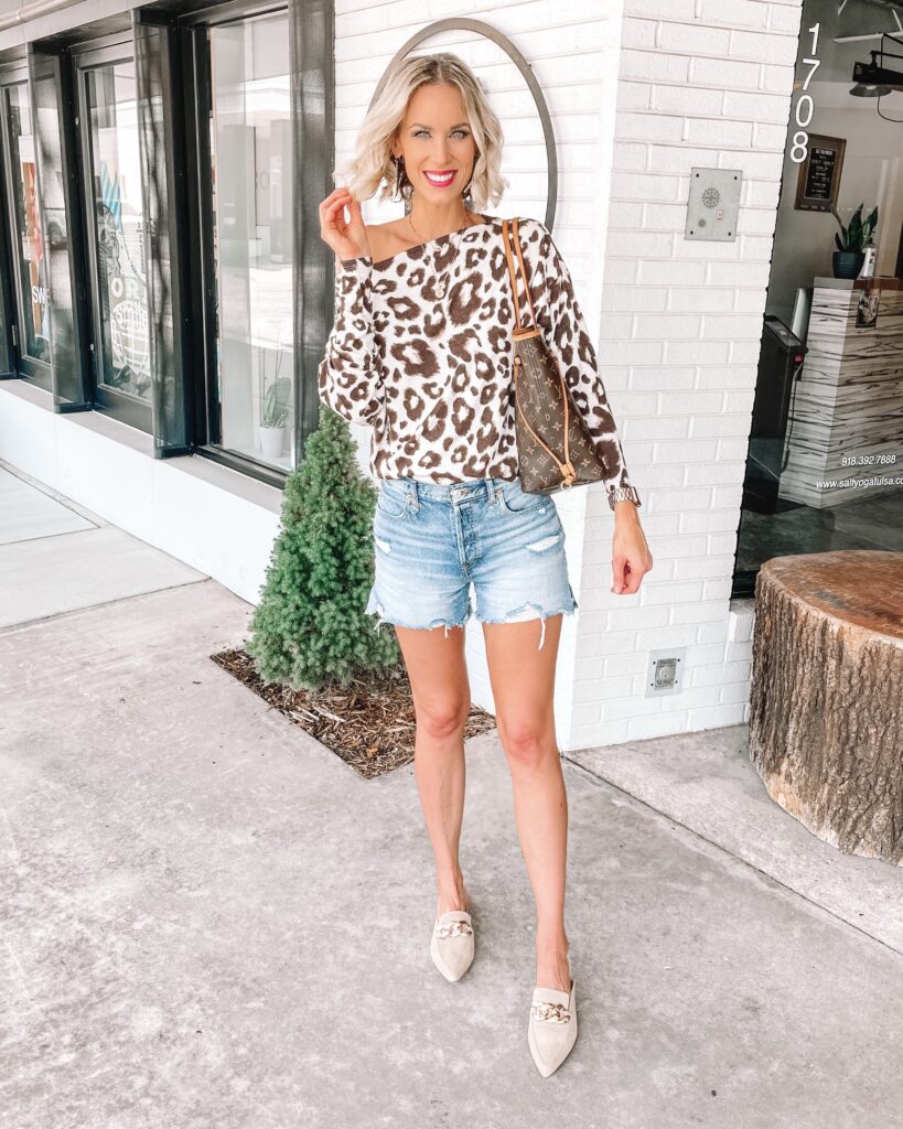 I am loving this leopard top which you can wear on or off the shoulder, with shorts, jeans, or joggers as part of a matching set. 