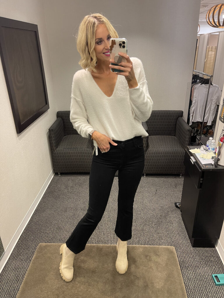 I love this white sweater with crop flare jeans and chelsea boots!
