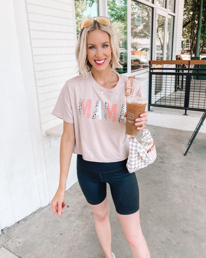 Looking for a bike shorts outfit idea? I am loving this cropped tee for a fun pairing with bike shorts. 