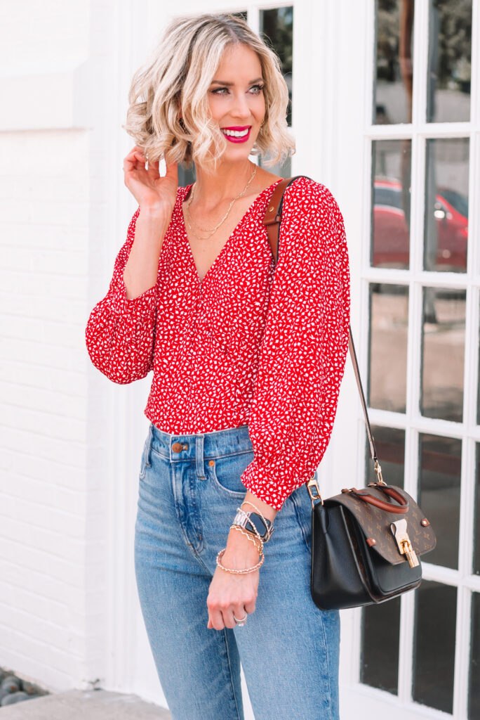 Gorgeous red and white printed red blouse and jeans. 