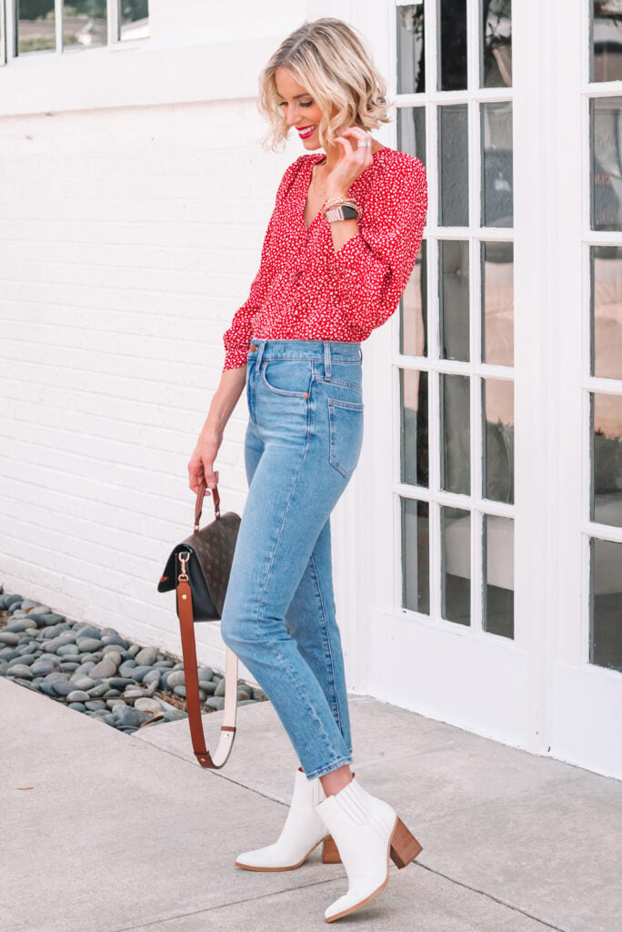 I love these white boots with a pair of straight leg jeans and printed blouse for fall!