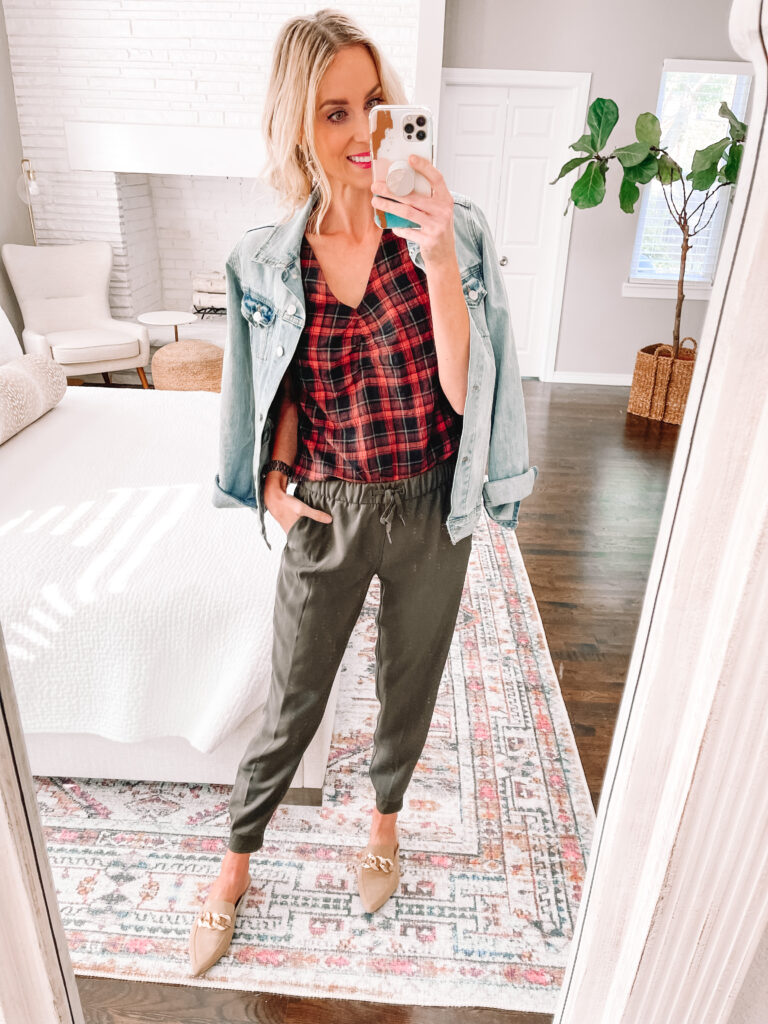 Sharing 6 ways to wear a plaid shirt including how to dress it up for work with joggers or work pants. 
