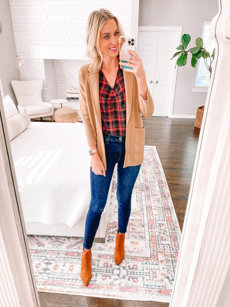 This plaid shirt can be worn so many ways! I love that it has both black and brown it. You can pair it with either a camel accents as shown or black.