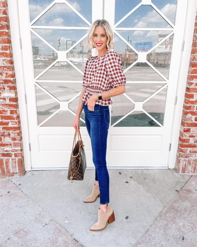 This is the best gingham top for fall with the burgundy and white colors and flattering smocked peplum waist! 