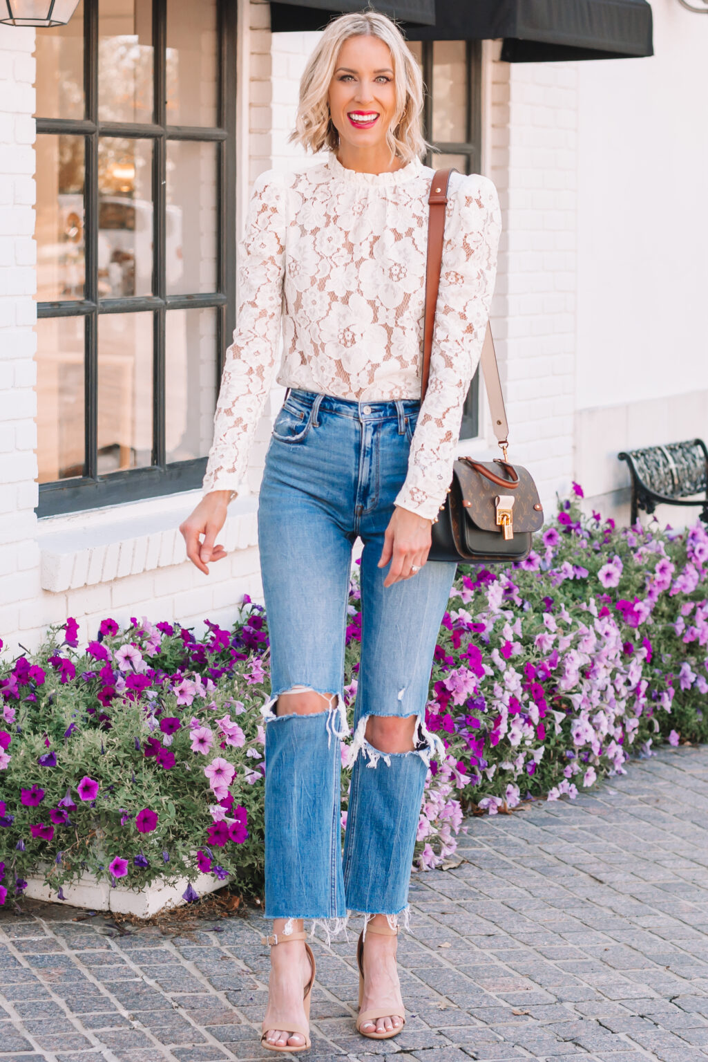 White Lace Detail Long Sleeve Blouse Sequin