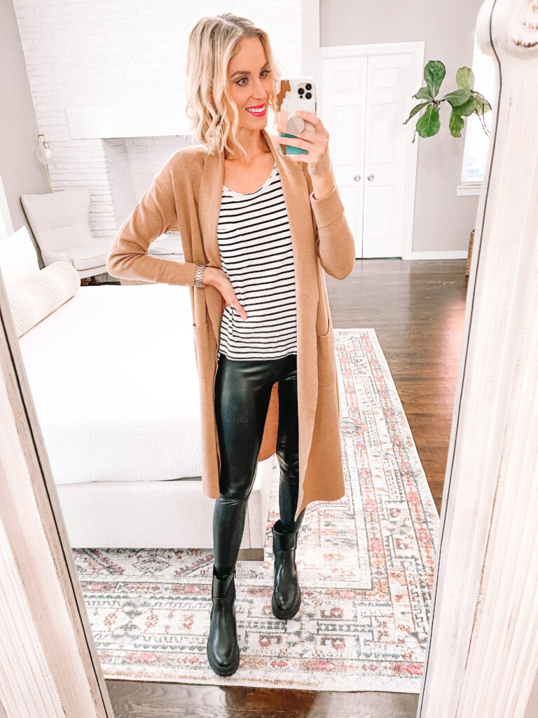 I recently bought this amazing tan coatigan. It's a gorgeous, timeless piece. I'm sharing 6 ways to wear a tan coatigan today! Leggings are an easy combo to choose. 