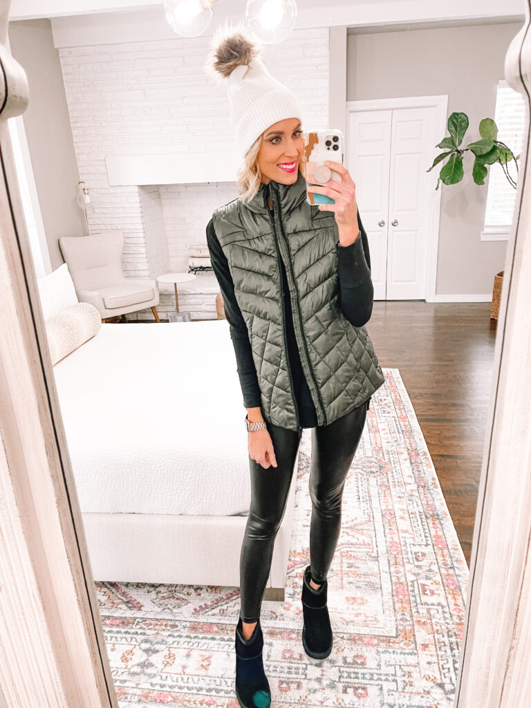 Are you living in leggings and looking for the best long tops to wear with them? I've got 5 legging friendly tops under $33 including this adorable tunic style top for just $12 you can wear alone or layer with this $20 puffer vest!!
