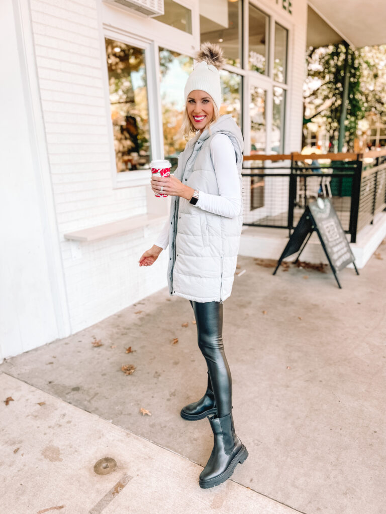 Are you living in leggings and looking for the best long tops to wear with them? I've got 5 legging friendly tops under $33 including this adorable long puffer style vest for just $33!