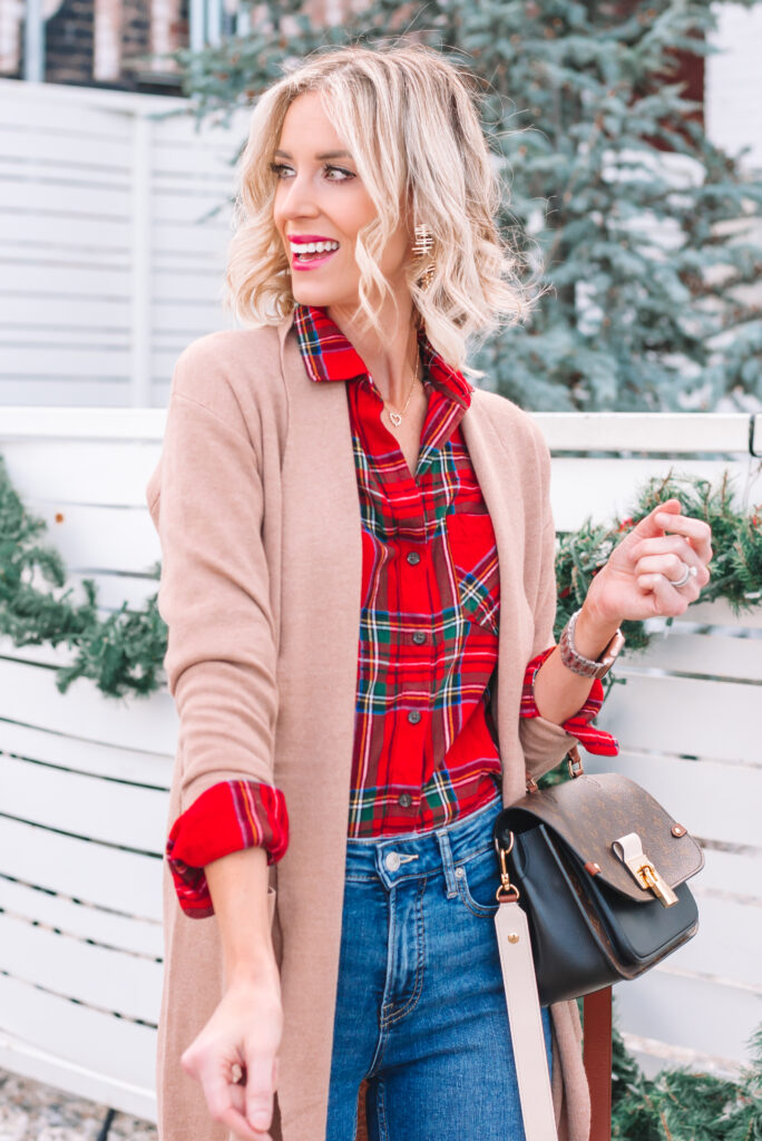I love wearing a red Christmas plaid with a camel layer over it. 