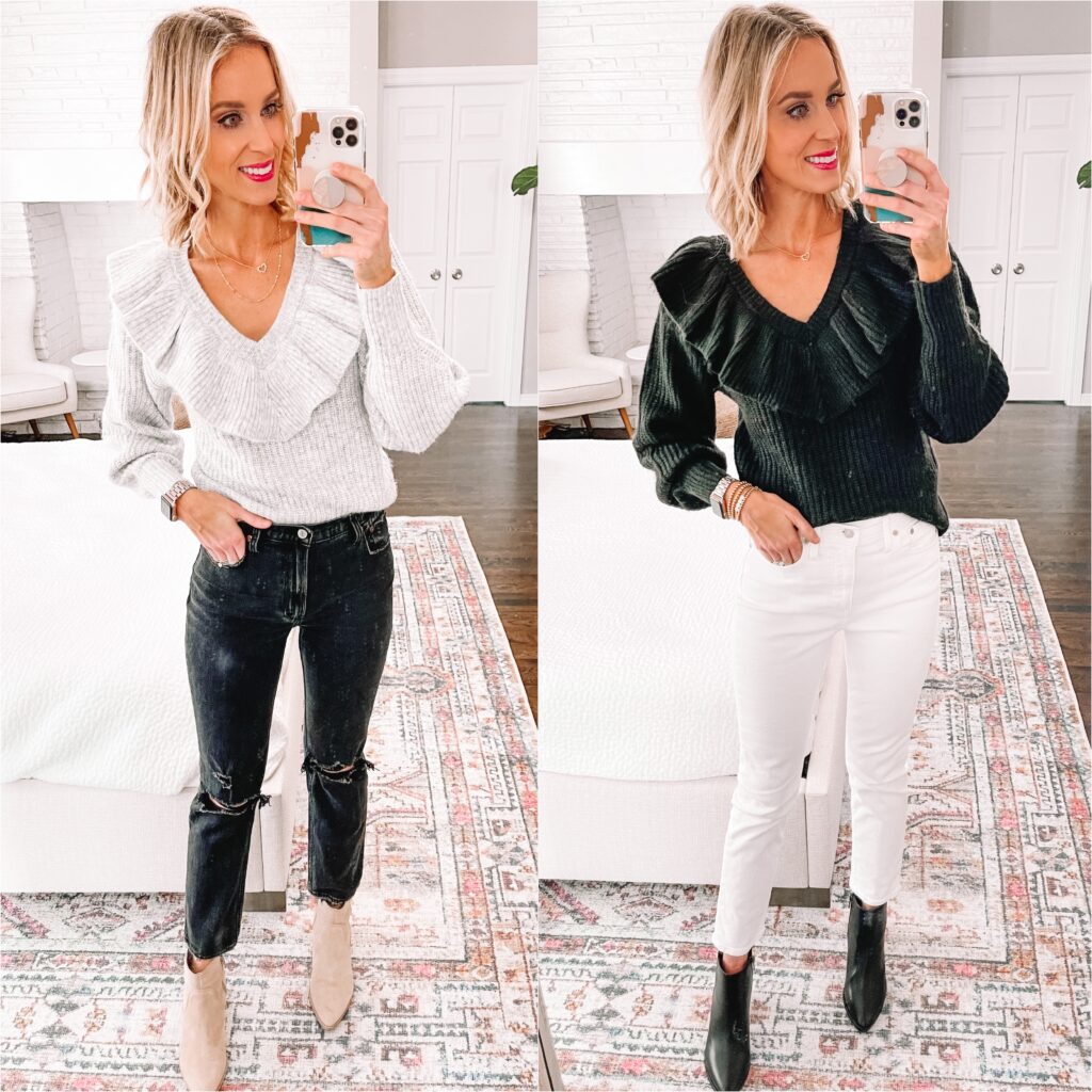 Which sweater with your favorite? Black ruffle with white jeans or grey ruffle with black jeans? Both are part of my Target sweater try on and just $30. 