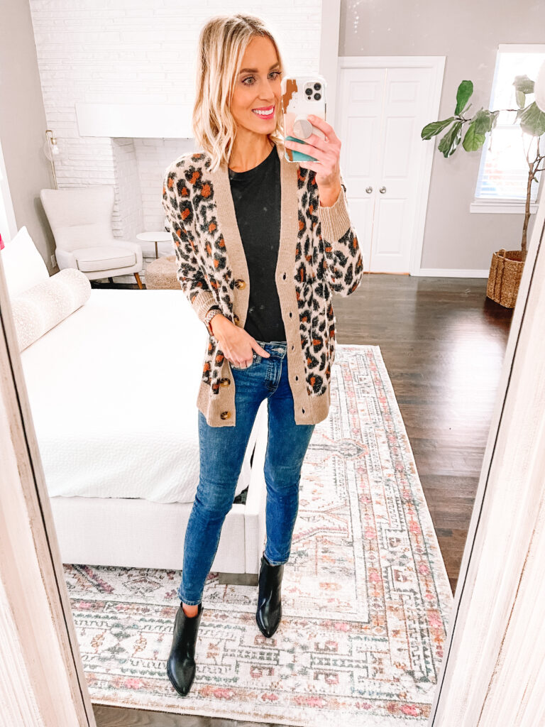 I love this $17 leopard cardigan that's part of my walmart try on!