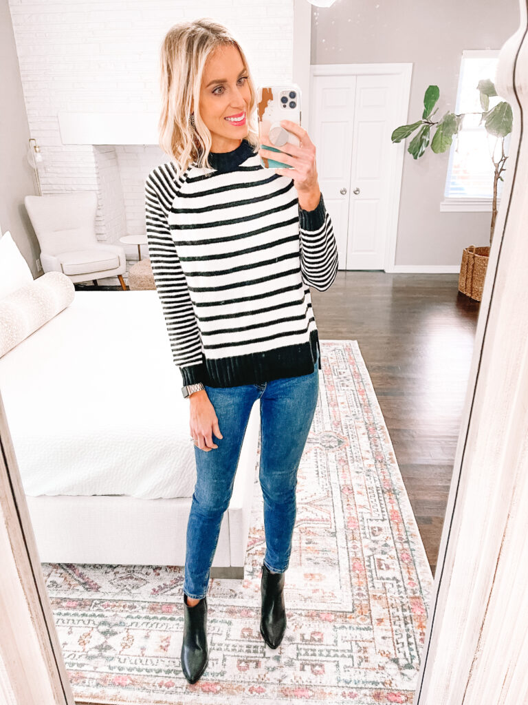 This black and white striped sweater is just $11 and can be worn so many different ways!! Click to get the details in it and more in my Walmart try on!