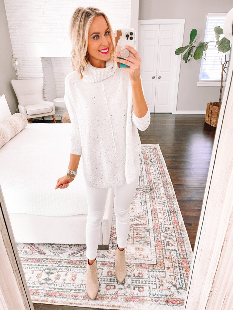 Are you looking at your closet wondering how to wear white jeans in winter? I've got you covered today! I'm sharing 6 easy ways to style your white jeans for winter like this monochrome look.