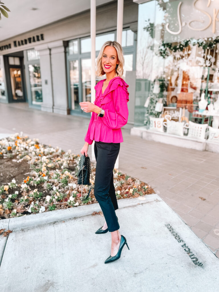 Do you have black work pants but need some inspiration on how to wear them? Today I am sharing 4 ways to style black work pants starting with pairing them with a fun, bright blouse!