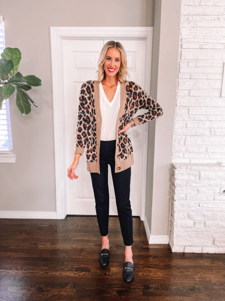 Do you have black work pants but need some inspiration on how to wear them? Today I am sharing 4 ways to style black work pants. Try adding a fun printed cardigan. 
