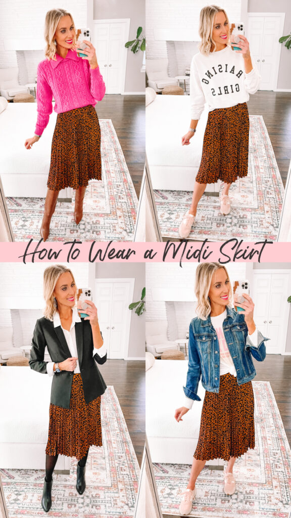  I firmly believe that a midi skirt can be one of the most versatile items in your closet. A closet chameleon if you will. Today I aim to prove my argument true by sharing 5 ways to wear a leopard midi skirt from dressy to casual from mom life to office life.
