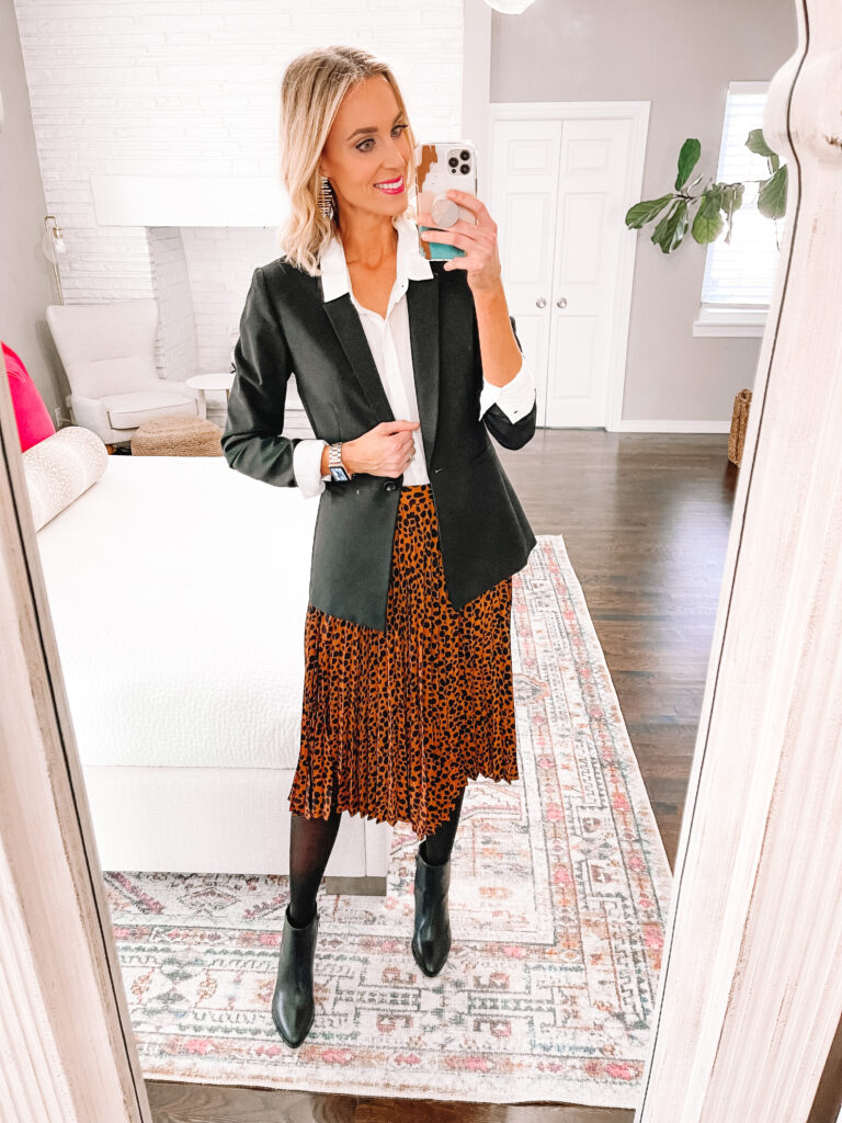 I'm sharing 5 ways to wear a leopard midi skirt including this professional look. Just add a blazer!
