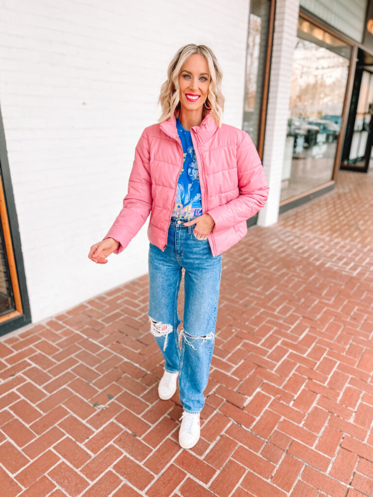 Wide leg jeans are in style for 2022 plus other fun styles! I'm sharing how to wear them plus more! I love this pair with a tucked in band tee and pink puffer coat.