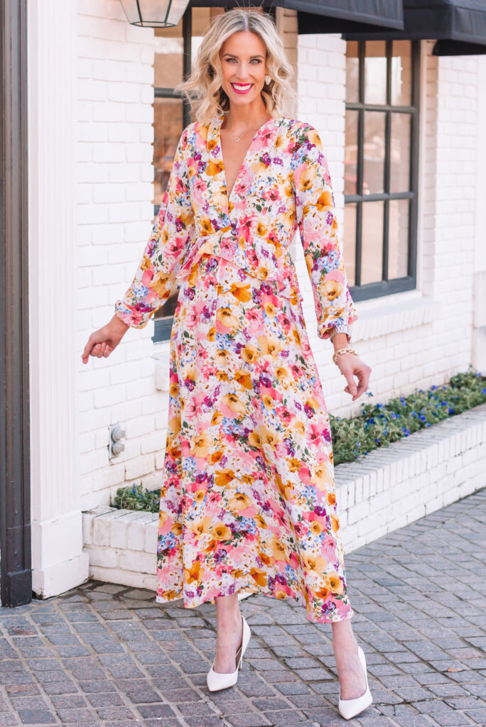 This floral maxi dress with long sleeves and ruffle detailing is so gorgeous! 