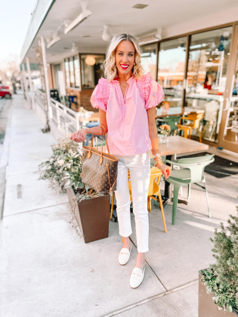 The most perfect spring blouse EVER! I love the detailing on the sleeves! Pair with white denim, tuck into dark jeans or a skirt. The options are endless!