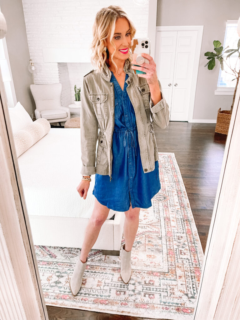 Do you have a chambray shirt in your closet you wear all the time? Then you are going to LOVE this $20 chambray dress! I'm sharing 6 ways to wear a chambray dress for now and later to give you all kinds of styling inspiration! Add a utility jacket and short boots for spring.