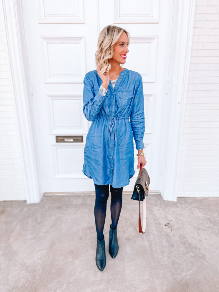 Do you have a chambray shirt in your closet you wear all the time? Then you are going to LOVE this $20 chambray dress! I'm sharing 6 ways to wear a chambray dress for now and later to give you all kinds of styling inspiration! 