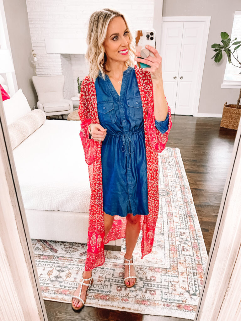 Do you have a chambray shirt in your closet you wear all the time? Then you are going to LOVE this $20 chambray dress! I'm sharing 6 ways to wear a chambray dress for now and later to give you all kinds of styling inspiration! Try a breezy kimono and sandals for summer.