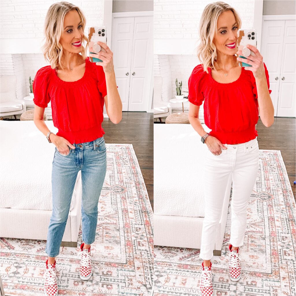 I have a HUGE Old Navy Try on haul for you! 6 spring blouses all $35 and under perfect for all occasions! This red blouses is so cute with regular and white denim!