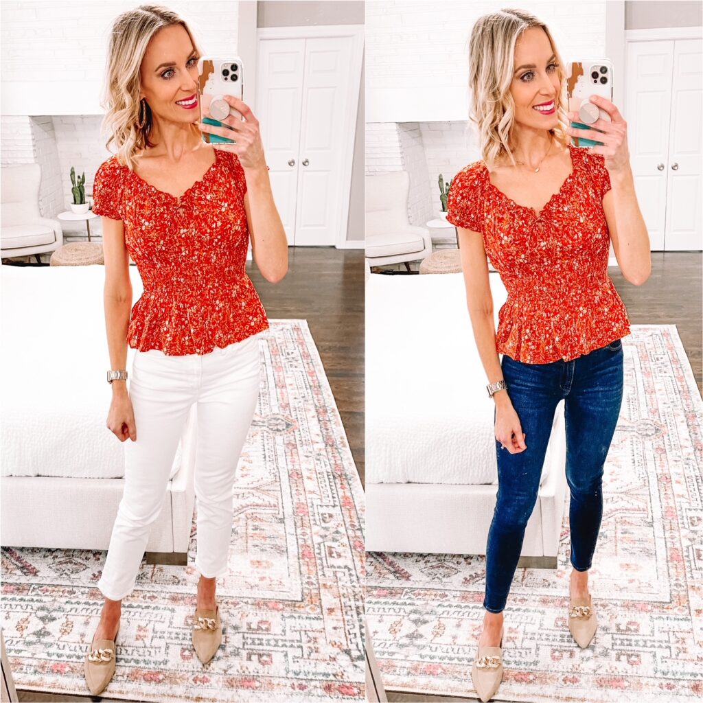 Which way would you wear this smocked waist blouse? White or regular jeans. All part of my Old Navy try on haul!