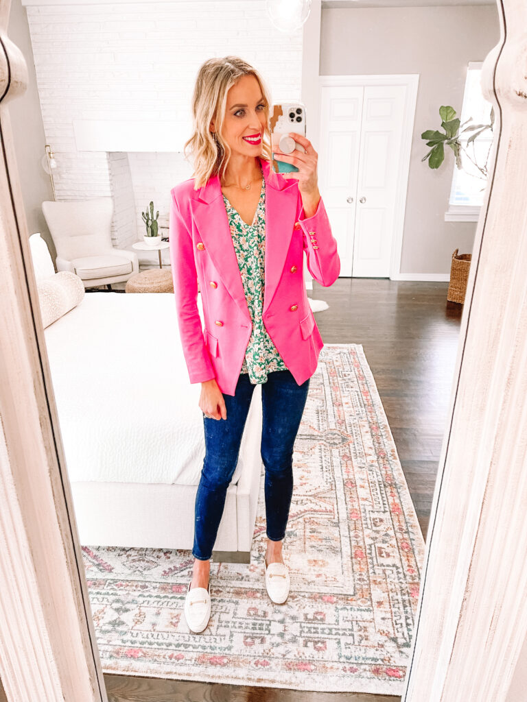 Wondering how to wear a pink blazer? Try adding a coordinating print underneath like I have here and then add your favorite jeans. 