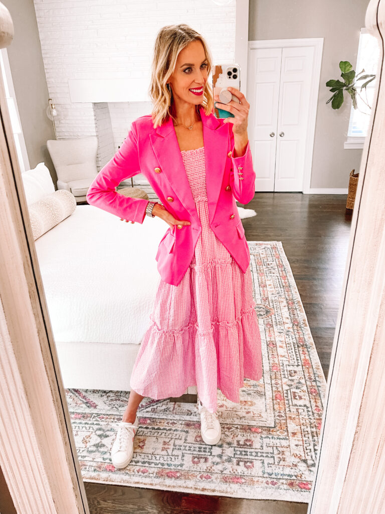 Have a bright colored blazer but not sure how to wear it? I am sharing 8 ideas for how to wear a pink blazer from casual to dressy! Try it over a fun dress!
