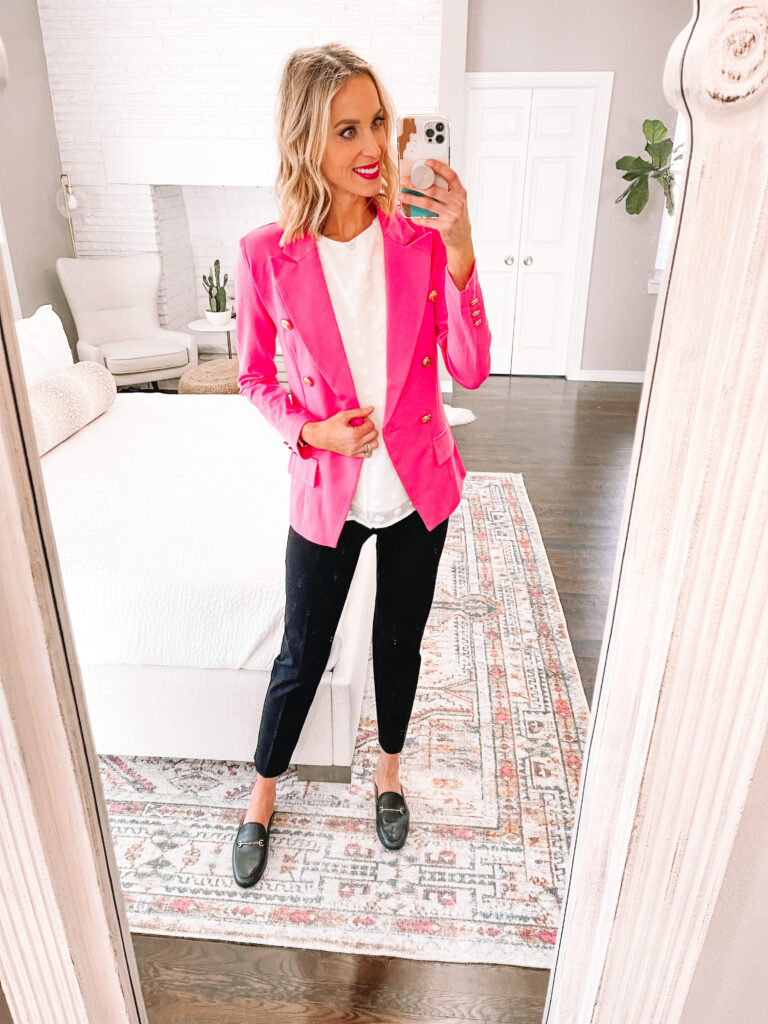 Have a bright colored blazer but not sure how to wear it? I am sharing 8 ideas for how to wear a pink blazer from casual to dressy! Pair it with black pants for a chic work outfit.
