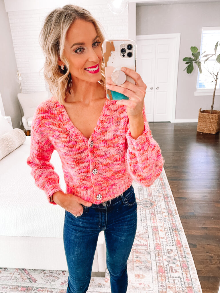 I'm sharing a Target spring tops try on with four adorable and affordable spring tops $28 and under! This statement spring sweater is so much fun!
