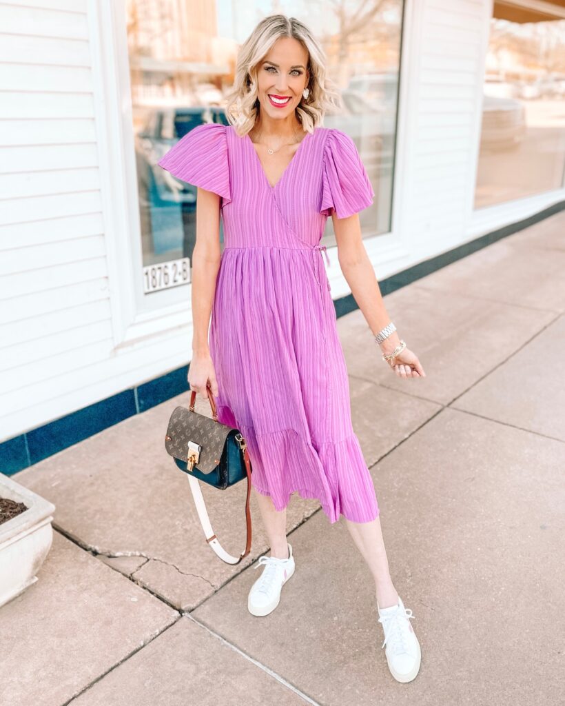I'm sharing a little Target dress try on with you today including this gorgeous vibrant purple $35 wrap dress!